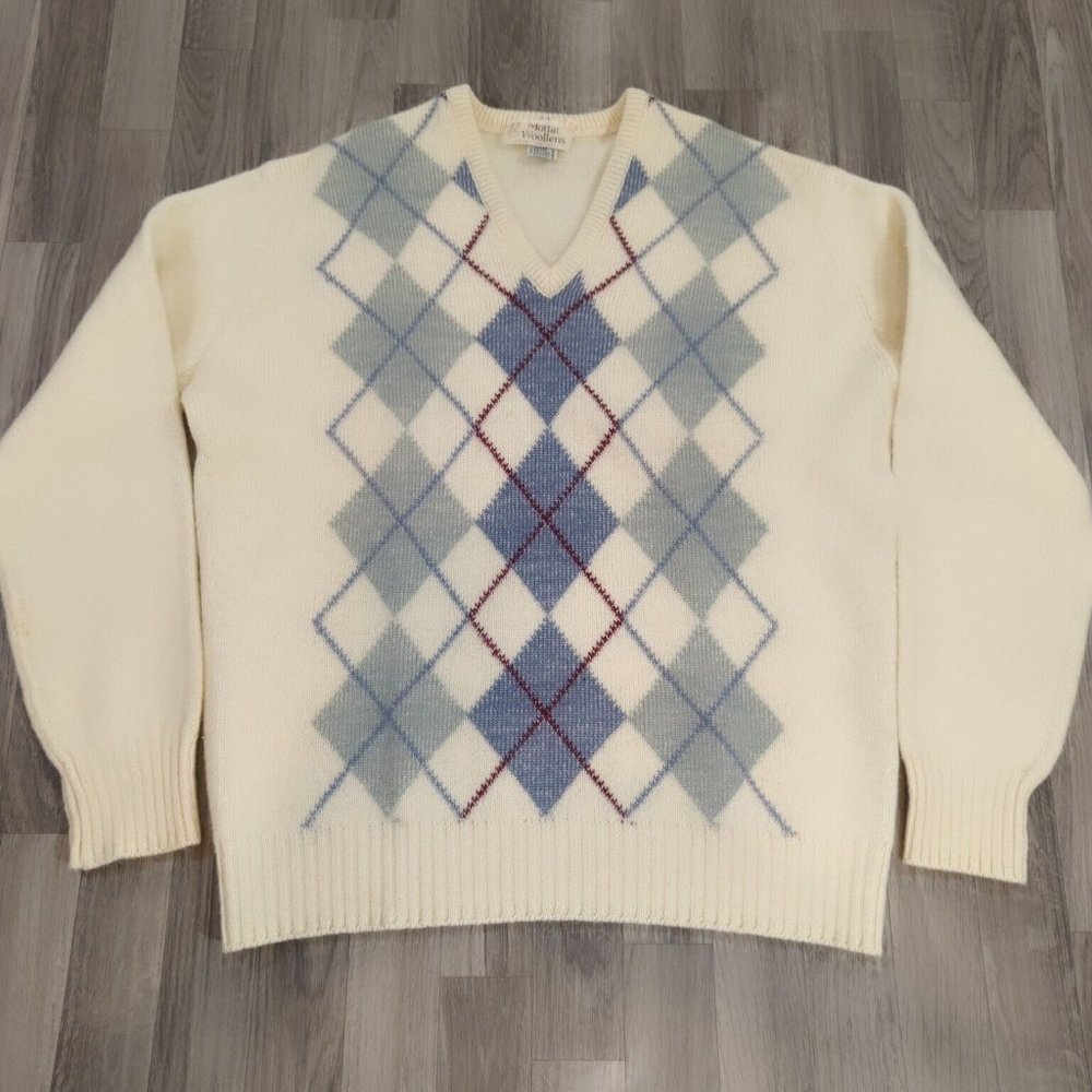 Vtg Moffat Woollen Scotland Size 44 (XL) Argyle Sweater New Wool Made in UK